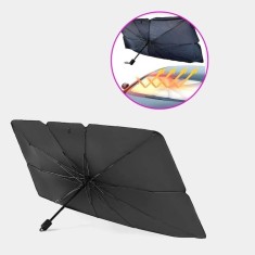 Parasolar auto tip umbrela, pliabil, protectie UV, acoperire extinsa, dimensiuni 130x75 cm, termoizolant, negru/argintiu