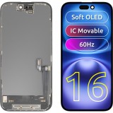 Cumpara ieftin Display cu Touchscreen MP compatibil cu Apple iPhone 16, cu Rama, Versiune Soft OLED FHD IC Movable, Negru