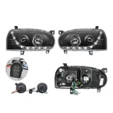 Set faruri VW Golf 3 (1h), 08.1991-04.1999, partea Stanga+Dreapta, Tuning, Fata, cu lumina de parcare LED; tip bec H1+H1; manual/electric; negru, tra, Rapid