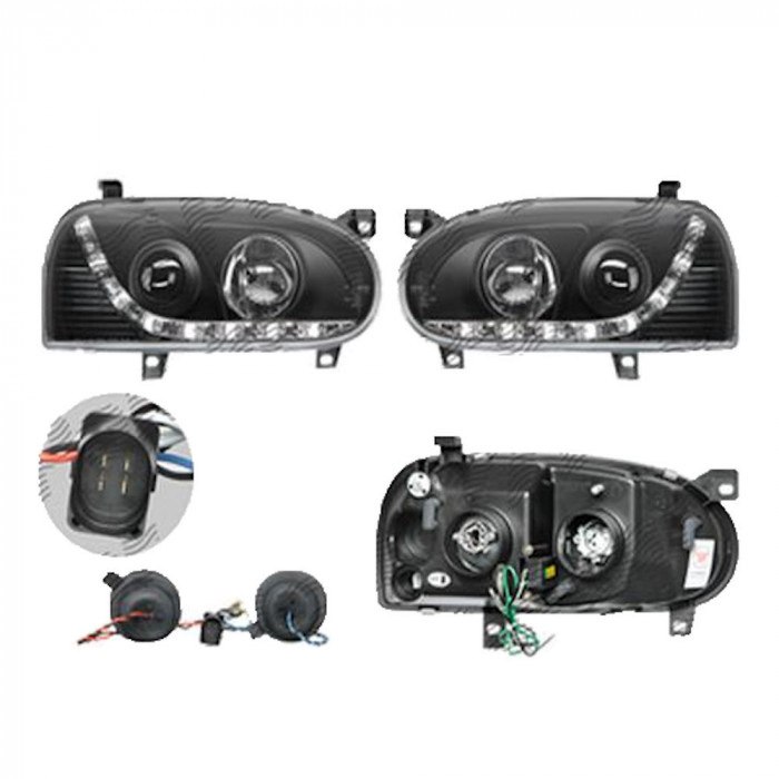 Set faruri VW Golf 3 (1h), 08.1991-04.1999, partea Stanga+Dreapta, Tuning, Fata, cu lumina de parcare LED; tip bec H1+H1; manual/electric; negru, tra