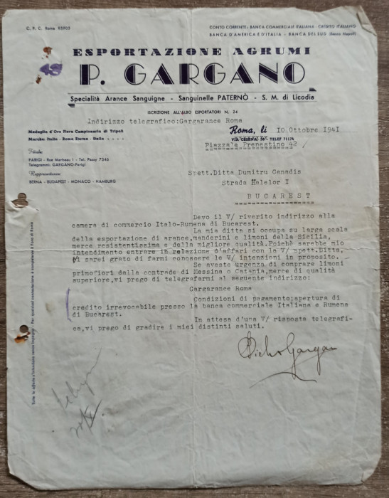 Scrisoare catre comerciant roman, P. Gargano, Roma 1941