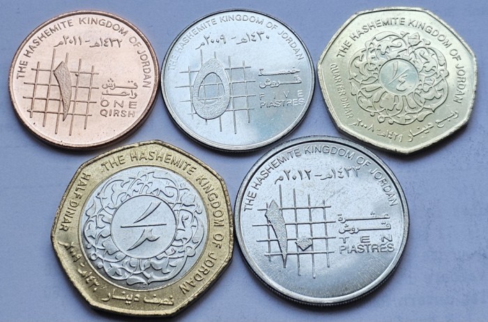 Set 5 monede 1, 5, 10 Qirsh, 1/4, 1/2 Dinar 2000-2004 Iordania, unc