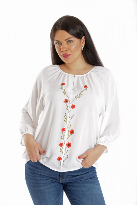 Bluza Dama, Ampla, Alba cu model Floral pictat manual - L