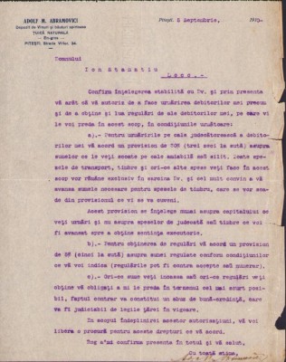 A2682N Procură cu antet Adolf M Abramovici, Depozit de Vinuri și băuturi spirtoase, Țuică naturală en-gros, Pitești, pt recuperarea datoriilor 1910 foto