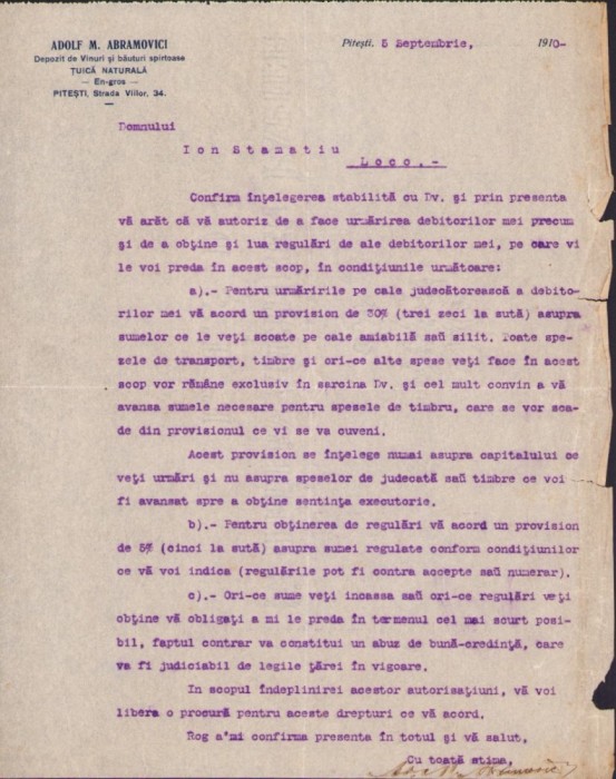 A2682N Procură cu antet Adolf M Abramovici, Depozit de Vinuri și băuturi spirtoase, Țuică naturală en-gros, Pitești, pt recuperarea datoriilor 1910