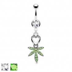Piercing pentru buric cu o frunză de marijuana - Culoare zirconiu piercing: Transparent – Verde CG