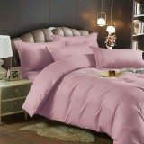 Lenjerie pat dublu cu 6 piese,damasc satinat,cearceaf cu elastic,dungi 1cm,roz pudra-A1403