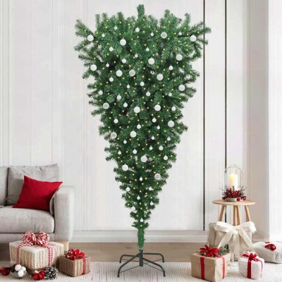 vidaXL Brad de Crăciun artificial pre-luminat cu set de bile, cu picioarele &amp;icirc;n sus 3396885 foto