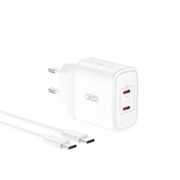Incarcator Retea Cu Cablu USB-C XO Design CE08, 50W, 3A, 2 x USB-C, Alb