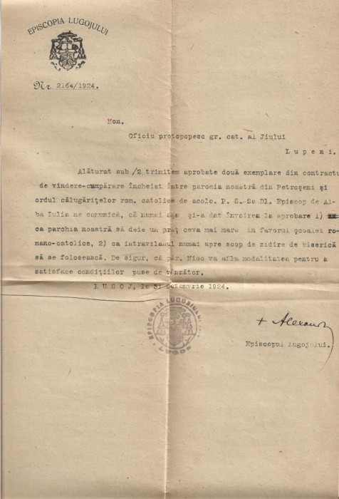 A3294N Semnătura olografă a episcopului greco-catolic al Lugojului, Alexandru Nicolescu, 1924 act biserica greco-catolică din Petroșani