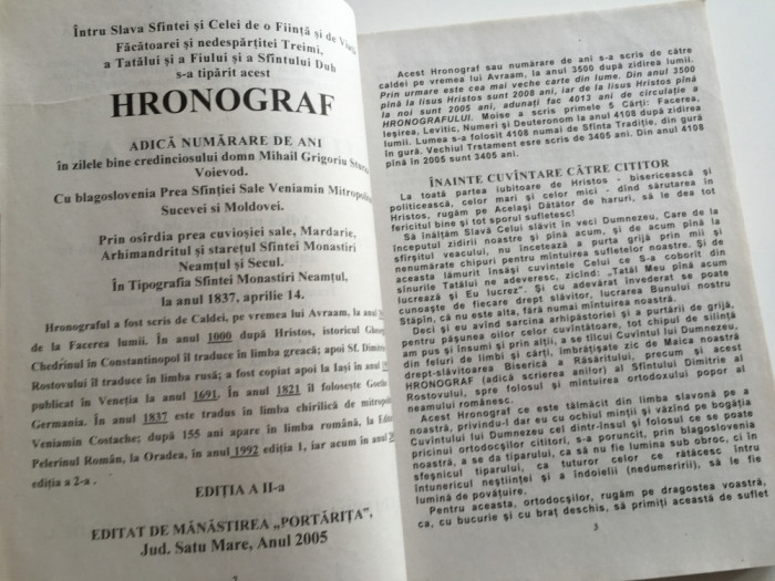 HRONOGRAF TRANSCRIS DIN CHIRILICA DUPA VENIAMIN COSTACHE/MONASTIREA NEAMTUL 1837