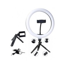 Lampa circulara LED 26 cm diametru + mini trepied extensibil cu suport de telefon
