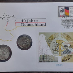 FDC SI 2 MONEDE-DDR- 10 MARK 1989 + RFG 10 MARK 1989 ARGINT, 40 ANI GERMANIA