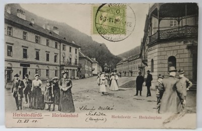 BAILE HERCULANE , VEDERE DIN STATIUNE , CARTE POSTALA ILUSTRATA , TRUCATA , CU TURISTI IN PLAN APROPIAT , CLASICA foto