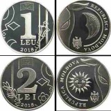 MOLDOVA 2018 LOT 1 LEU +2 LEI, otel placat cu nichel, UNC, Europa