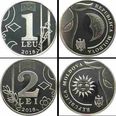 MOLDOVA 2018 LOT 1 LEU +2 LEI, otel placat cu nichel, UNC foto