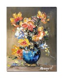 Tablou vaza cu crizanteme stilizate pictat manual, 40x30cm acril pe panza in relief efect 3D, Kenny Varniote