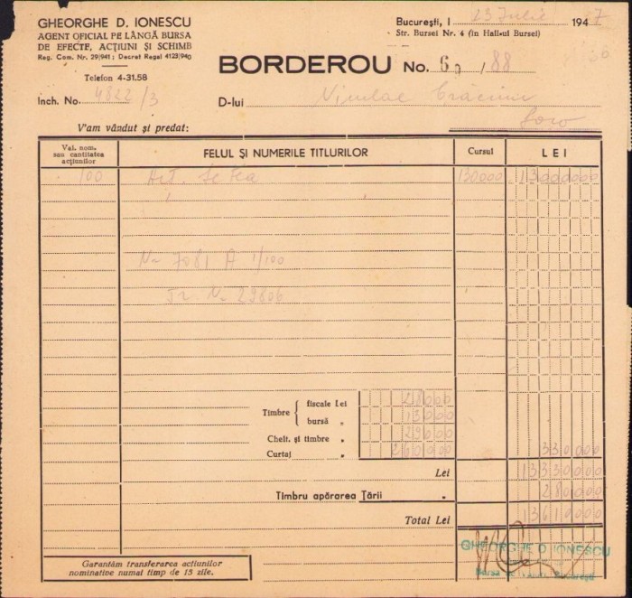 A1090 Borderou agent oficial pe l&acirc;ngă bursă, 1947, timbrat