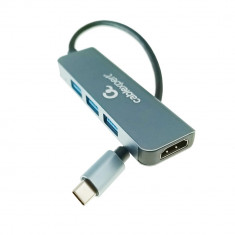 Adaptor USB tip C, interfata USB 3.2 gen.1, multifunctional, Cablexpert 12144, port HDMI 4K, HUB 3 x USB, gri