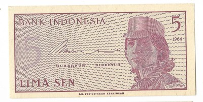 Bancnota 5 sen 1964 - Indonezia, UNC foto