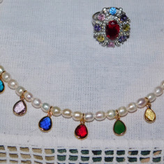 Colier nou perle , cristale multicolore zirconiu , inel asortat , superb