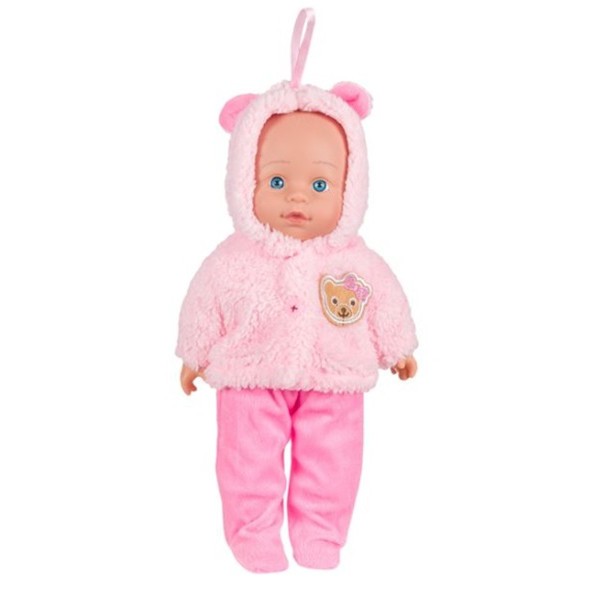Papusa bebelus, fetita, cu costum roz de bebe, inaltime 30 cm, 3 ani+