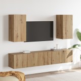 VidaXL Set Dulap TV 4 Piese Montat pe Perete din Lemn Lucrat Stejar
