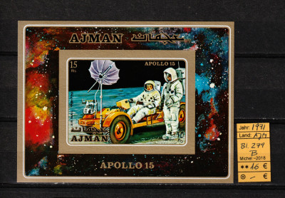 Arabia, Ajman, 1971 | Misiunea Apollo 15 - Rover lunar - Cosmos | MNH, NDT | aph foto