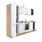 Mobilă de bucătărie Yorki 270, corp din stejar sonoma, față alb satinat, element cuptor inferior, frigider congelator inferior