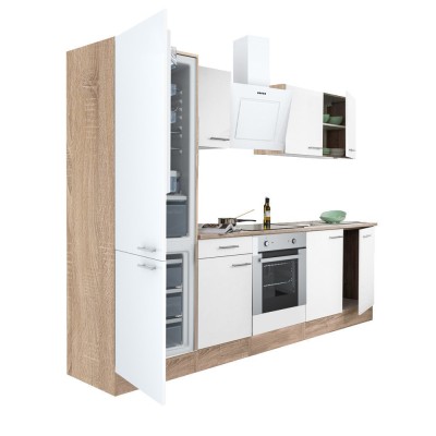 Mobilă de bucătărie Yorki 270, corp din stejar sonoma, față alb satinat, element cuptor inferior, frigider congelator inferior foto