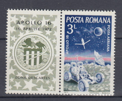 ROMANIA 1972 LP 791 APOLLO 16 SERIE CU VINIETA MNH foto