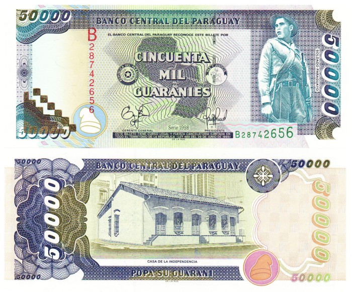 Paraguay 50 000 Guaranies 1998 P-217 UNC RARA