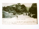 Rara! Sinaia-Vedere din parc,copil jucandu-se cu cercul,carte postala clasica circulata 1901