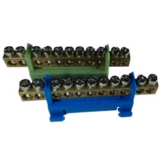 Set cleme bloc terminal barete pentru impamantare si nul albastra si verde pe sina 11 gauri max 16mm2 63A