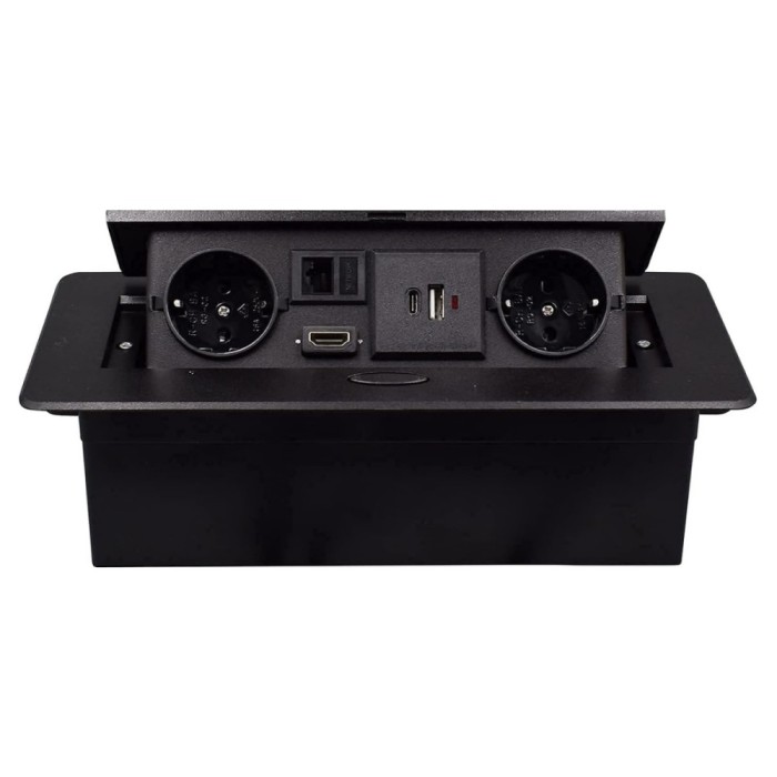 Priza Incorporabila in mobilier, ATOMKIT, 2 Prize Schuko, USB-A+C ,Intrare HDMI, Intrare retea, Conductori cupru, Material de Aluminiu, Calitate Super