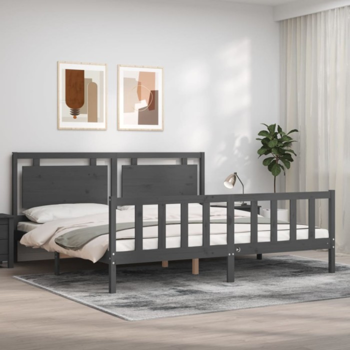 Gossi cadru pat cu tablie 200x200 cm, gri, lemn masiv