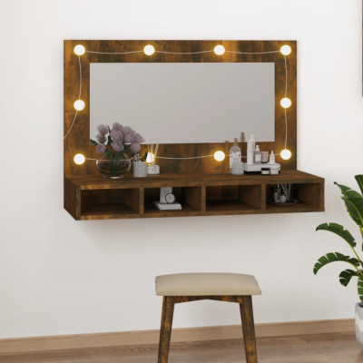 vidaXL Dulap cu oglindă și LED, stejar fumuriu, 90x31,5x62 cm foto