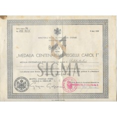 BREVET &quot;MEDALIA CENTENARULUI REGELUI CAROL I&quot;, Cancelar GRIGORE GAFENCU, 1939