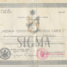 BREVET "MEDALIA CENTENARULUI REGELUI CAROL I", Cancelar GRIGORE GAFENCU, 1939