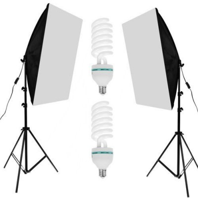 Set de lumini pentru studio cu 2 softbox 50x70, becuri neutre 2 x 150W, 2 trepiede 200cm 2 Panze de difuzie foto