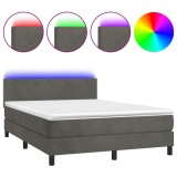 Cumpara ieftin Pat cu arcuri, saltea si LED, gri inchis, 140x190 cm, catifea