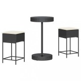 Set mobilier bar de gradina cu perne, 3 piese, negru, poliratan