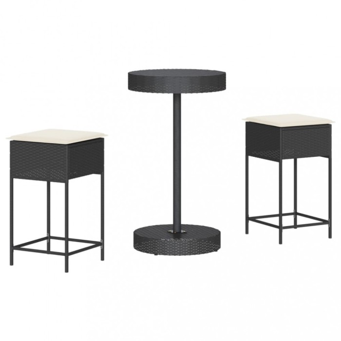 Set mobilier bar de gradina cu perne, 3 piese, negru, poliratan