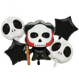 Set 5 baloane din folie metalizata, flippy, figurine, tema halloween, pai inclus, ambalaj individual, umflare cu aer sau heliu, figurina craniu 50.5x7