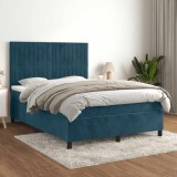 vidaXL Pat box spring cu saltea, albastru &icirc;nchis, 140x200 cm, catifea 3143149