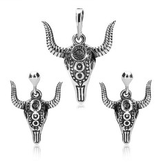 Set argint 925 - pandantiv și cercei, cap de taur cu ornamente și patină
