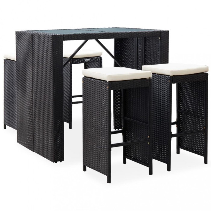 vidaXL Set de bar de exterior, 5 piese, negru, poliratan și sticlă 49568