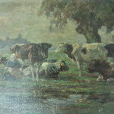 Tablou panza pe placaj, Bucolică, semnatură indescifrabilă, fără ramă 33 x 20 cm