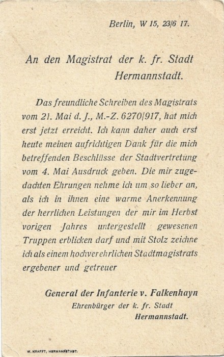 A3042N Generalul german Erich von Falkenhayn, cetățean de onoare al orașului Sibiu, mulțumește magistratului orașului Sibiu pentru onoarea făcută 1917