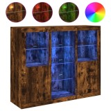 Servanta cu lumini LED, 3 buc., stejar fumuriu, lemn prelucrat